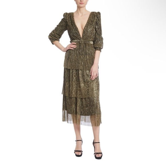 NWT JEWEL BADGLEY MISCHKA Tiered Pleated Metallic Midi Dress Gold Dark Grey 0 - Picture 3 of 12